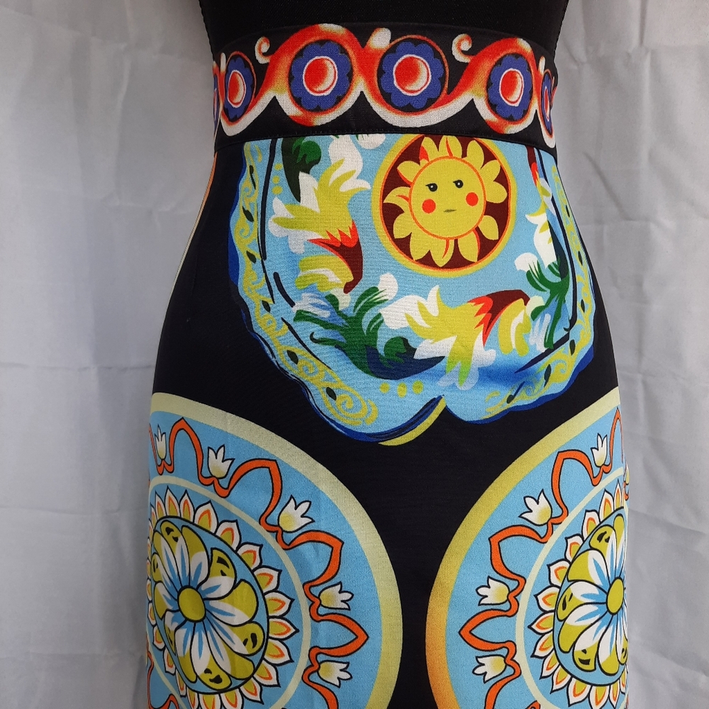 Pencil Skirt Womens Small / Med Ceramic Plate Print Black Multicolored Side Zip - Picture 7 of 14